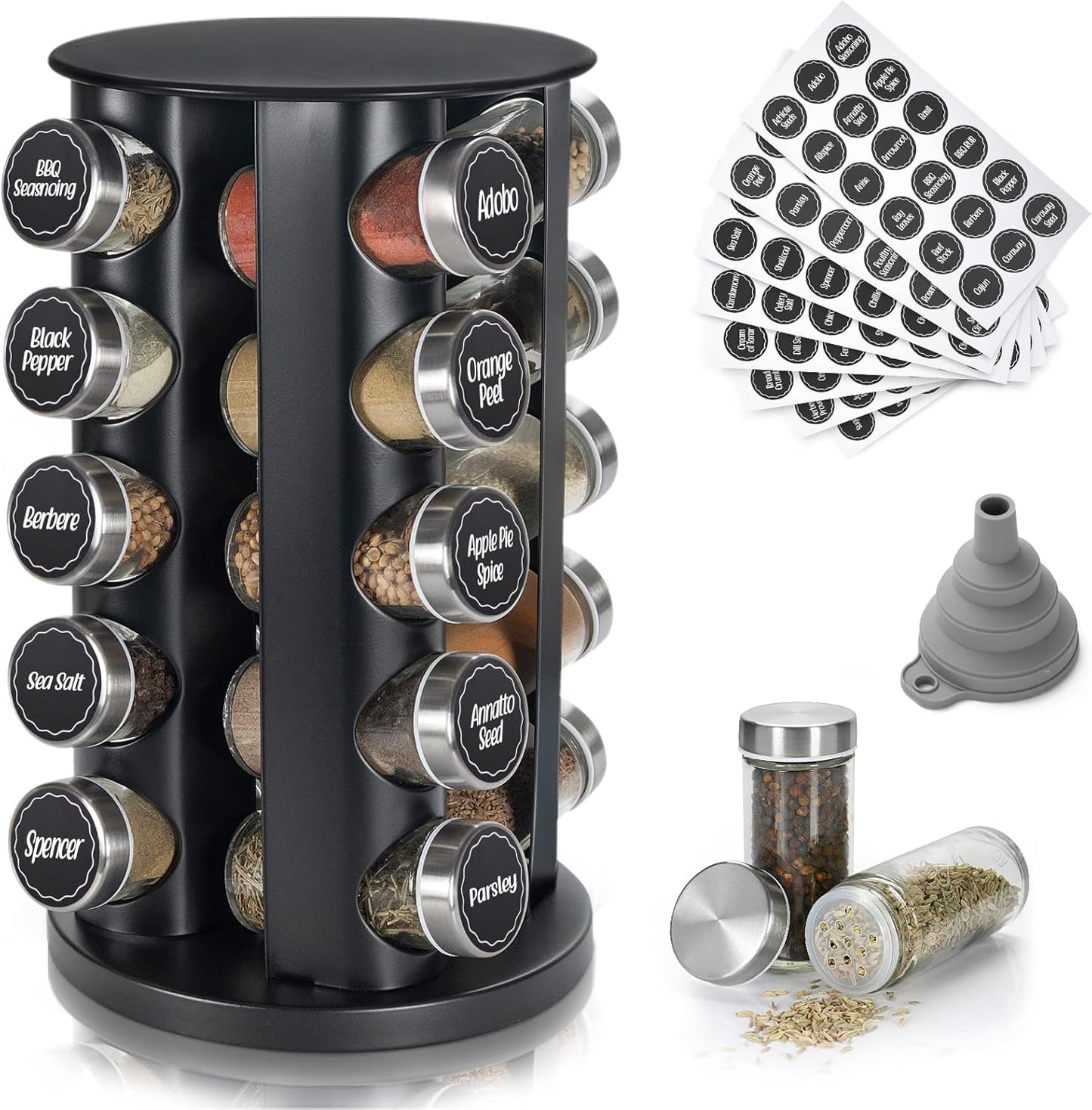 Black Countertop Revolving Spice Rack, Empty 20-Jars Rotating Spice Rack Organizer, Round Carousel Tower, 135 Spice Labels with Funnel Complete Set, for Kitchen Countertop, Cabinet