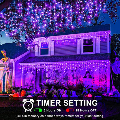Halloween Lights Outdoor, 33FT 400 LED Purple Icicle Lights for Outside with Waterproof 8 Modes, Plug in Connectable Curtain Twinkle Light for Indoor Bedroom Patio Yard Party Holiday Decorations