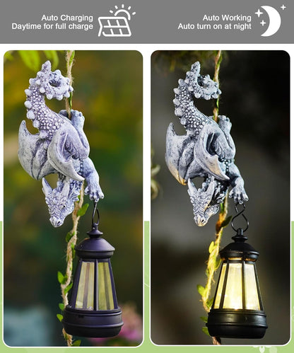 Solar Dragon Figurine Garden Statue: Outdoor Hanging Climbing Ornament with Lantern for Yard Art Lawn Balcony Patio Porch Decor- Birthday Gifts for Mom Women Father