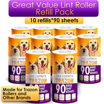Lint Rollers Pet Hair Value 10 Pack of 900 Sheets / 10 Refills, Sticky Roller Pet Hair, Lint Remover Dog/Car Hair, Fuzz, Animal Fur, Large Lint Removal Roller Clothe, Couch, Furniture