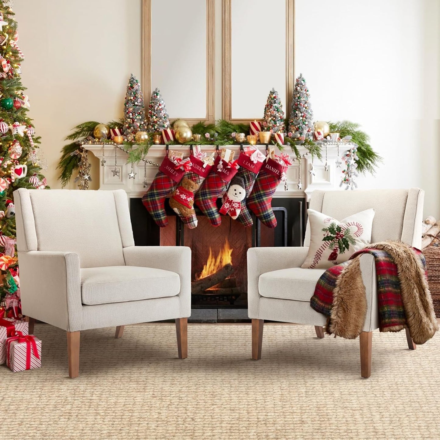 COLAMY Modern Wingback Living Room Chair Set of 2, Upholstered Fabric Accent Armchair, Single Sofa Chair with Lounge Seat and Wood Legs for Bedroom/Office/Reading Spaces, Beige