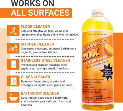 All Purpose Cleaner Concentrate - Advanage 20X The Wonder Cleaner Citrus for All Surfaces Around Bathroom, Kitchen, Oil and Grease | Multi Purpose Cleaner for Household Cleaning Solution | 32 Fl Oz