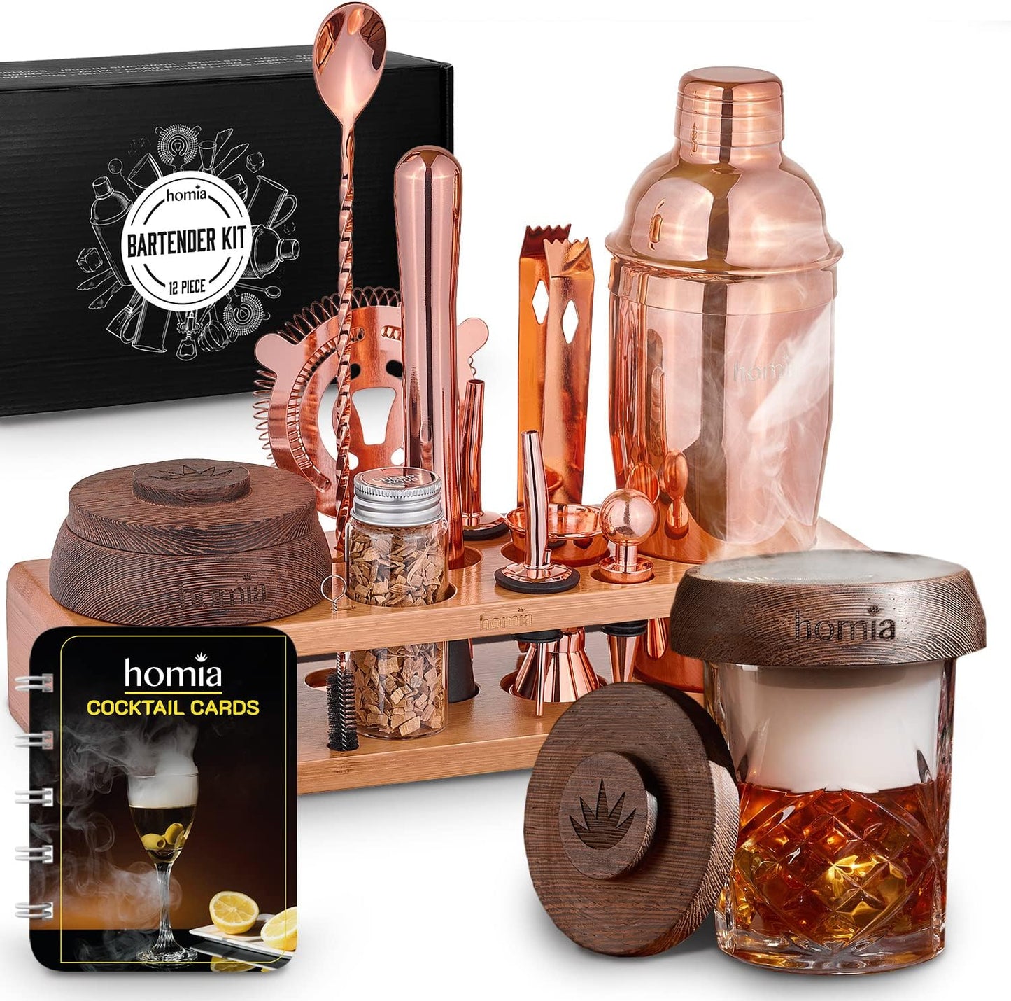 Bartender Kit with Whiskey Smoker - 13 pcs, Bamboo Stand - Bar Set with Cocktail Shaker, Bartending Kit with Essential Bar Accessory Tools, Wood Chips, Pink Gold