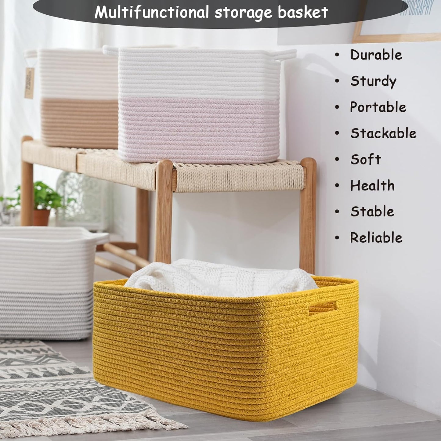 COMFY-HOMI Cotton Rope Woven Basket with Handles for Shelves,Toys,Book, Cloth Storage Baskets for Organizing-17" x 13" x 7.5" Toy Decorative Organizer for Living Room, Bathroom （Yellow）