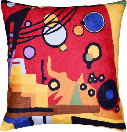 Kandinsky Contemporary Throw Pillow Cover - Heavy Red Space Modern Cushion | Abstract Throw Pillows | Contemporary Pillow | Abstract Chair Cushions | Hand Embroidered Cushion | Wool Size 18x18