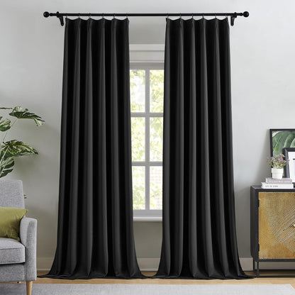 KangBang Pinch Pleated 108 Inch Long Blackout Curtains 2 Panels Set, Thermal Insulated Energy Saving Privacy Draperies for Sliding Door Doorway with Hooks Track System,40”Wx108”L, Black