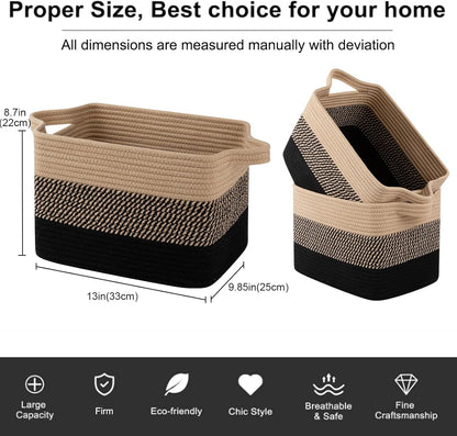 OIAHOMY Storage Basket, Woven Baskets for Storage, Cotton Rope Basket for toys,Towel Baskets for Bathroom - Pack of 3, Black & Brown