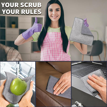2 in 1 Stainless Steel Scrubber & Microfiber Cleaning Cloth, 10 Pack Towel & Steel Scrub Cloth for Pans, Dishes, Countertops, Reusable Non-Scratch Cleaning Pad for Kitchen Sink