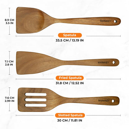 Acacia Wood Spatula Set of 3 - Natural Wooden Cooking Utensils for Nonstick Pans, Scratch-Proof & Heat Resistant, Sturdy & Lightweight Kitchen Tools with Hanging Holes