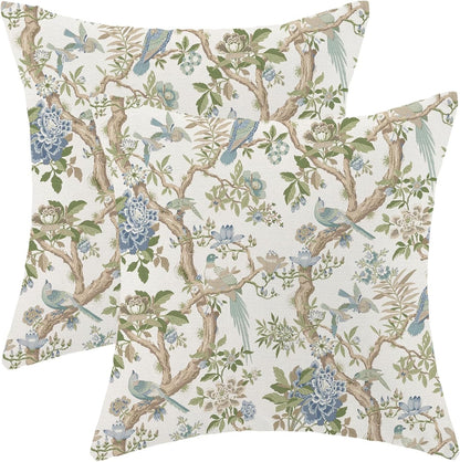 CXMEIFLY Chinoiserie Spring Pillow Covers 16 x 16 Inch Set of 2 for Blue Sage Green Vintage Flowers Bird Decor Throw Pillows Plant Farmhouse Outdoor Decorative Cushion Cases for Couch Bed Decorations