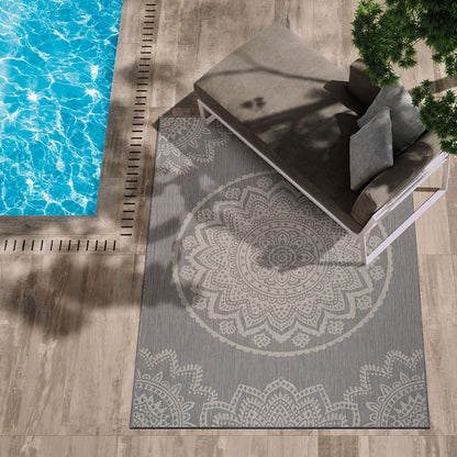 CAMILSON Outdoor Rug 10x14 Modern Area Rugs for Large Indoor and Outdoor Patios and Porches - Waterproof Washable Non-Shedding Easy-to-Clean Outside Carpet (10 x 14, Medallion - Grey/White)