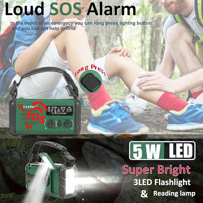 20000mAh/74000mWh Emergency Hand Crank Radio, NOAA Weather Radio with Am Fm NOAA, Solar Battery Operated Radios with Flashlight Cell Phone Charger, SOS Alarm, Compass &Reading lamp