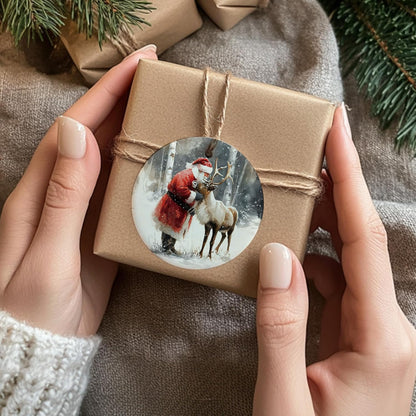 Christmas Santa Reindeer Ceramic Ornament Gifts, Rustic Winter Santa Claus Reindeer Decorative Hanging Ornaments for Xmas Tree Holiday Party Decoration, Winter Xmas Tree Decorations