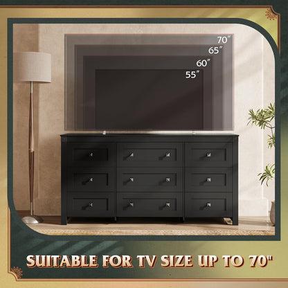 WLIVE Farmhouse Dresser for Bedroom, 63" Wide 9 Drawer Dresser Storage Organizer, Wood Chest of Drawers for Bedroom, TV Stand for 70 inch TV, for Living Room, Hallway, Ball Bearing Slide (Black)