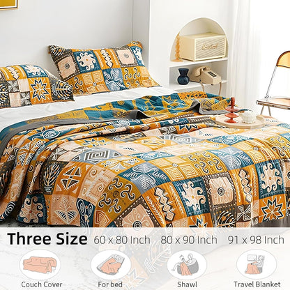 Boho Throw Blanket for Bed - 100% Pure Cotton Ultra Soft Rustic Quilt - Farmhouse Decor Bed Blankets, All Season Rustic Throw for Sofa Couch Chair(91''x 98'', Art Squares)