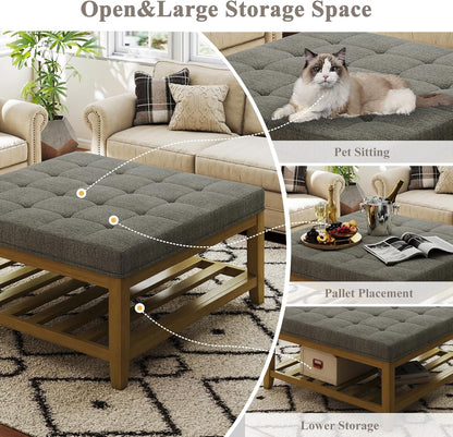 Large Square Ottoman Coffee Table, Linen Solid Upholstered Footrest Ottoman with Solid Wood Shelf Storage Tufted Coffee Table for Bedroom Living Room, Granite