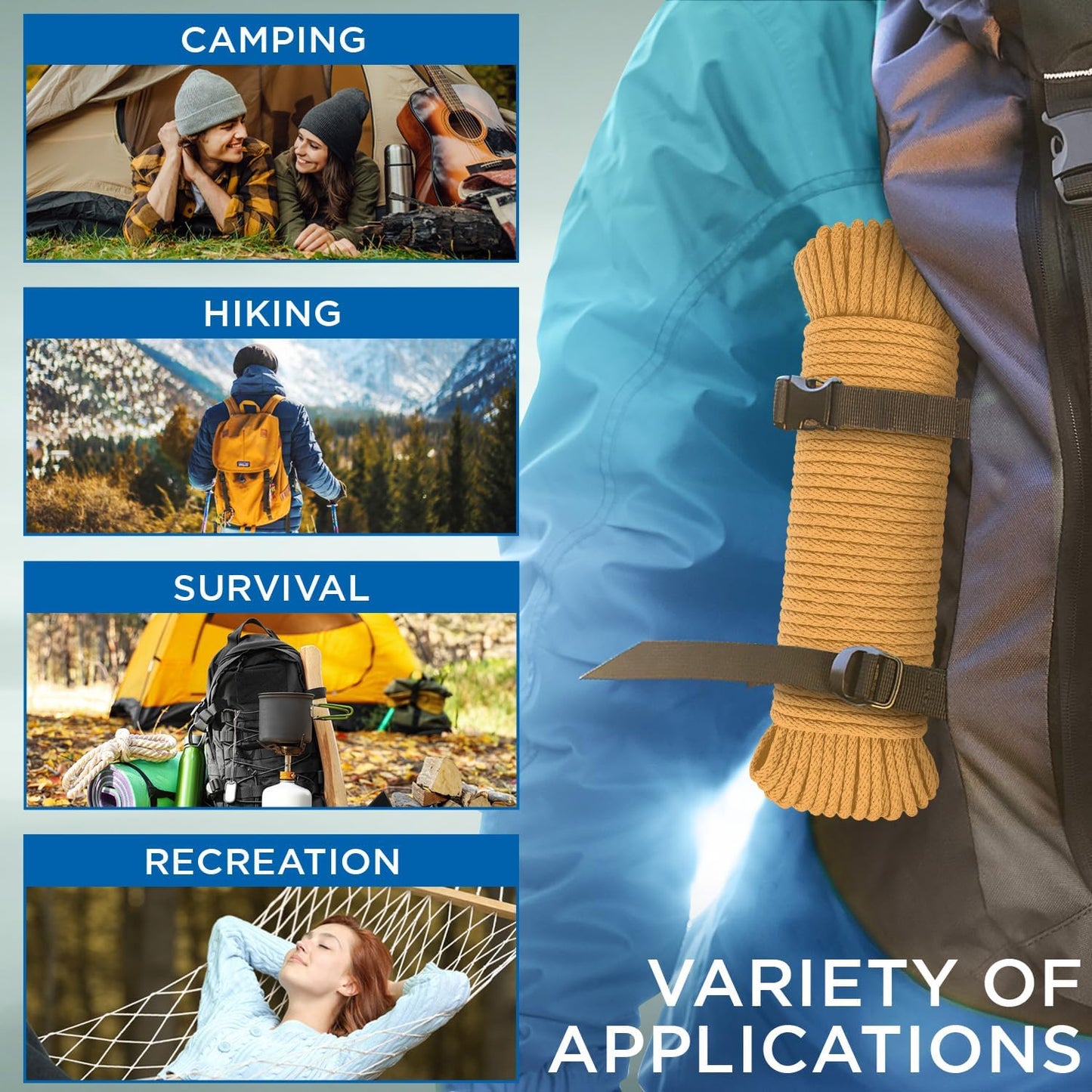 TECEUM Cotton Rope 3/16” (5 mm) – 100 FT – Strong All-Purpose Braided Rope – Natural Cotton – for Crafting, Сamping, Clothes Line, DIY, Indoor & Outdoor Use – Honey