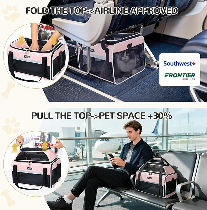 Lekereise Top-Expandable Pet Carrier 18x13x9.5 Inch Southwest Frontier Airline Approved Soft Sided Underseat to 15lbs Travel Carriers for Small Cats Dogs with Locking Safety Zippers Anti-Scratch Mesh