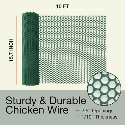 MaPorch Plastic Wire Mesh Fence - Hunter Green, 15.71" x 10 ft - Plastic Chicken Wire Fencing for Dogs, Rabbits & Poultry - Chicken Netting Barrier - Balcony Netting for Pets - Balcony Cat Barrier