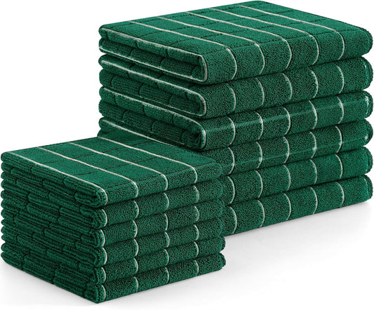 Homaxy Microfiber Kitchen Towels and Dishcloths Set, 12 Pack Soft and Absorbent Dish Hand Towels Bulk, 28 x 16 Inch & 12 x 12 Inch Quick Drying Rags for Washing Dishes, Dark Green