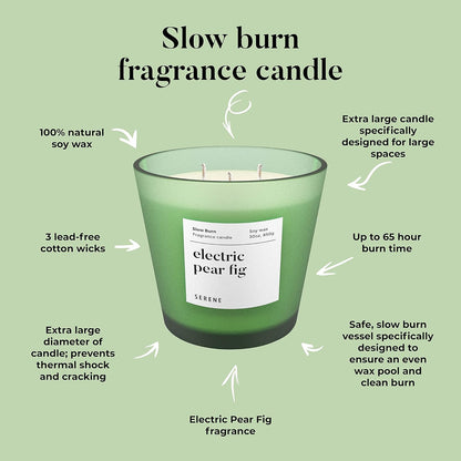 Hidden Label Large Scented Candle, Electric Pear Fig, 30oz 3 Wick Huge Candle, Serene Collection Slow Burn Natural Soy Candles for Home Scented