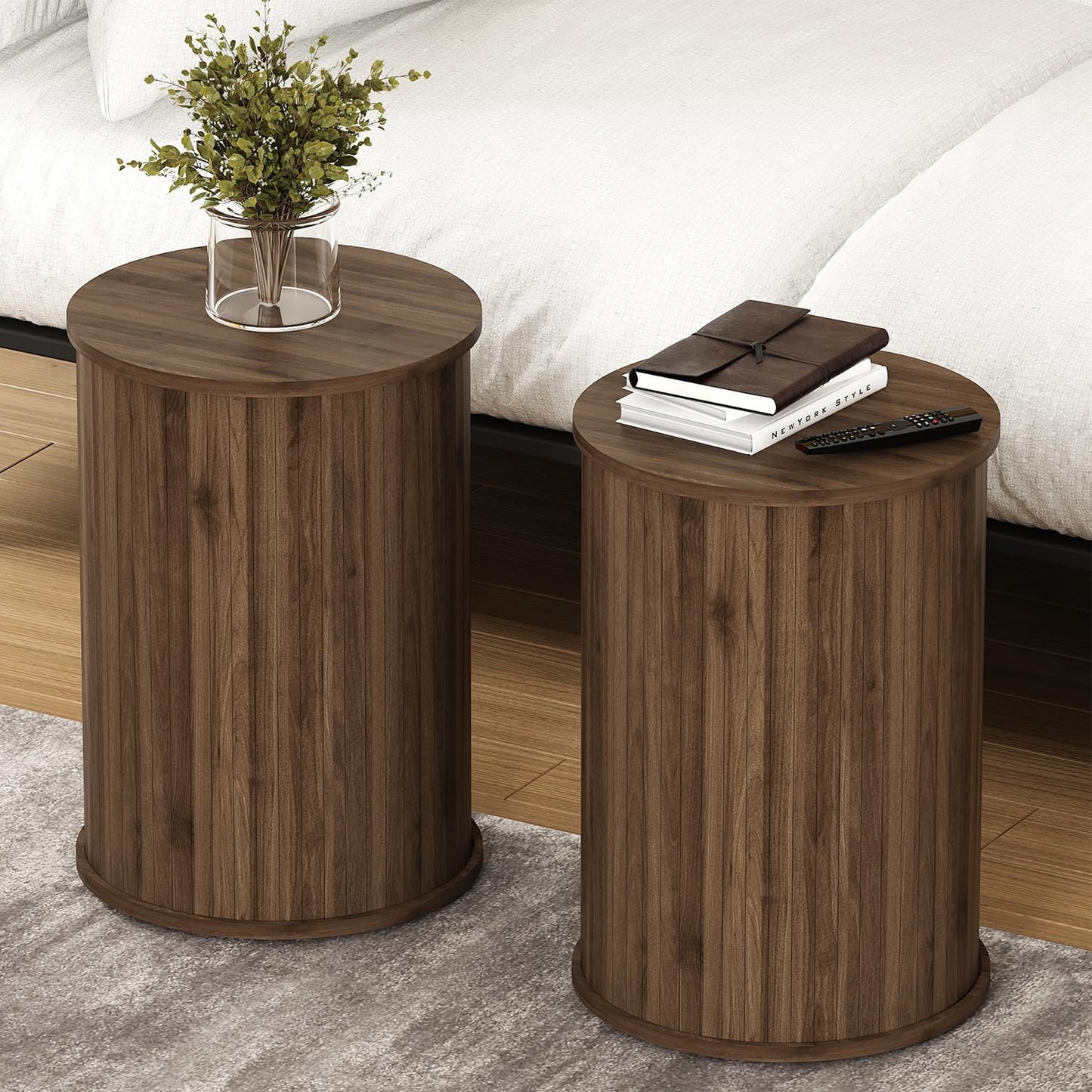 Round Fluted End Table for Living Room, Modern Wooden Sofa Couch Side Table for Small Spaces, 21.9" H Nightstand Set of 2 for Bedroom (Walnut)