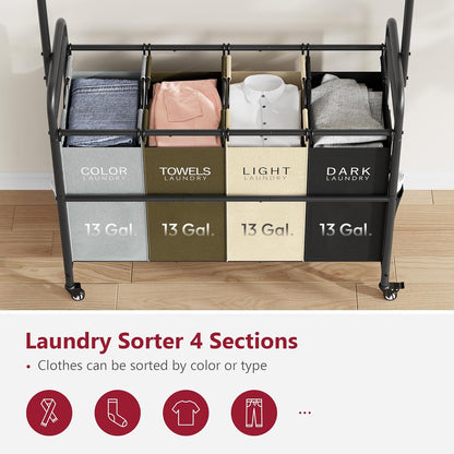 Tajsoon Laundry Sorter Cart with Hanging Clothes Rack, 4 Butler Sorter Basket Organizer, Laundry Hamper Cart with Heavy Duty Rolling Lockable Wheels, 4 Colors