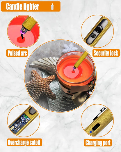 5 in1 Candle Accessory Set with Rechargeable Candle Lighter, Candle Wick Trimmer, Candle Wick Snuffer, Candle Wick Dipper, Storage Tray Plate, Candle Care Kit (Gold)