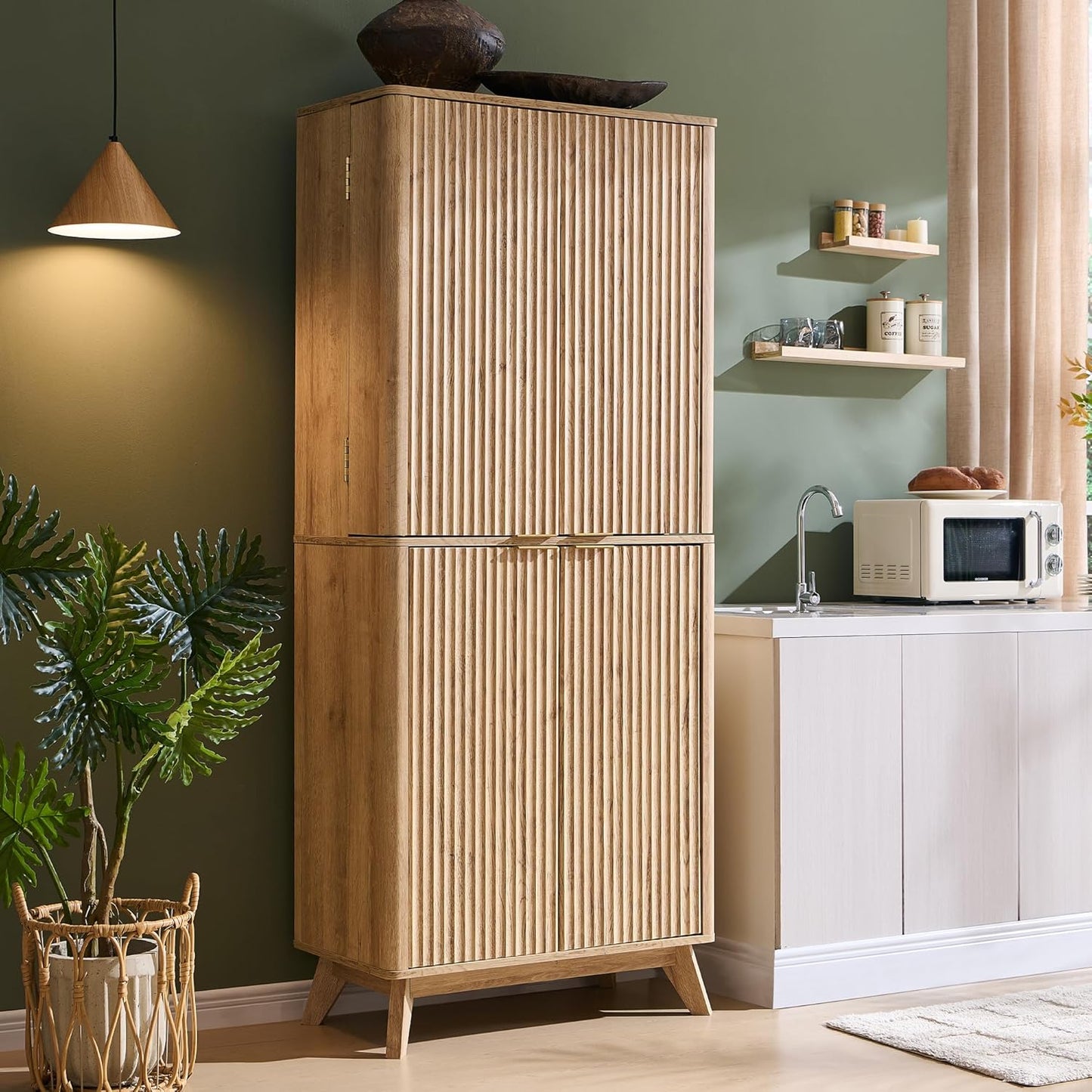 OKD Fluted Kitchen Pantry, 72" Tall Mid Century Modern Storage Cabinet with Adjustable Shelves & Door Organizer, Wood Cabinet for Kitchen, Living Room, Natural Oak