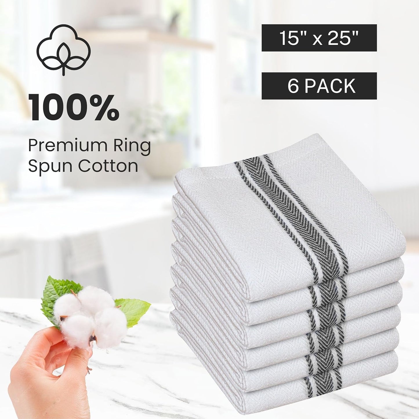 WHITEWRAP Kitchen Dish Towels for Kitchen, Highly Absorbent for Drying and Cleaning, Durable and Soft Tea Towels – 6 Pack, 100% Ring Spun Cotton 15 x 25 Inches – Black