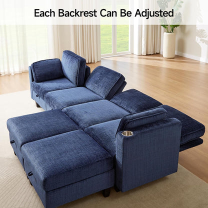 110" Modular Sectional Sofa, Convertible Sleeper Sofa Couch Bed with Adjustable Backrest, U-Shaped Chenille Cloud Couch with Ottoman Storage, Deep Seat Couches for Living Room,Blue