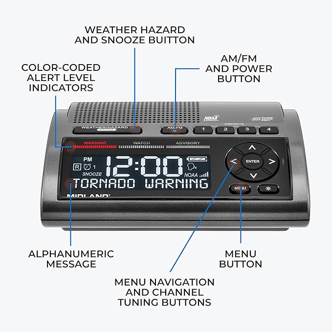 Midland - WR400 Weather Radio Deluxe - NOAA Emergency Alert Scanner – Home Use with Battery Backup - Local County Programming Over 80 Emergency Voice Flashing Alerts – Alarm Clock AM/FM Radio