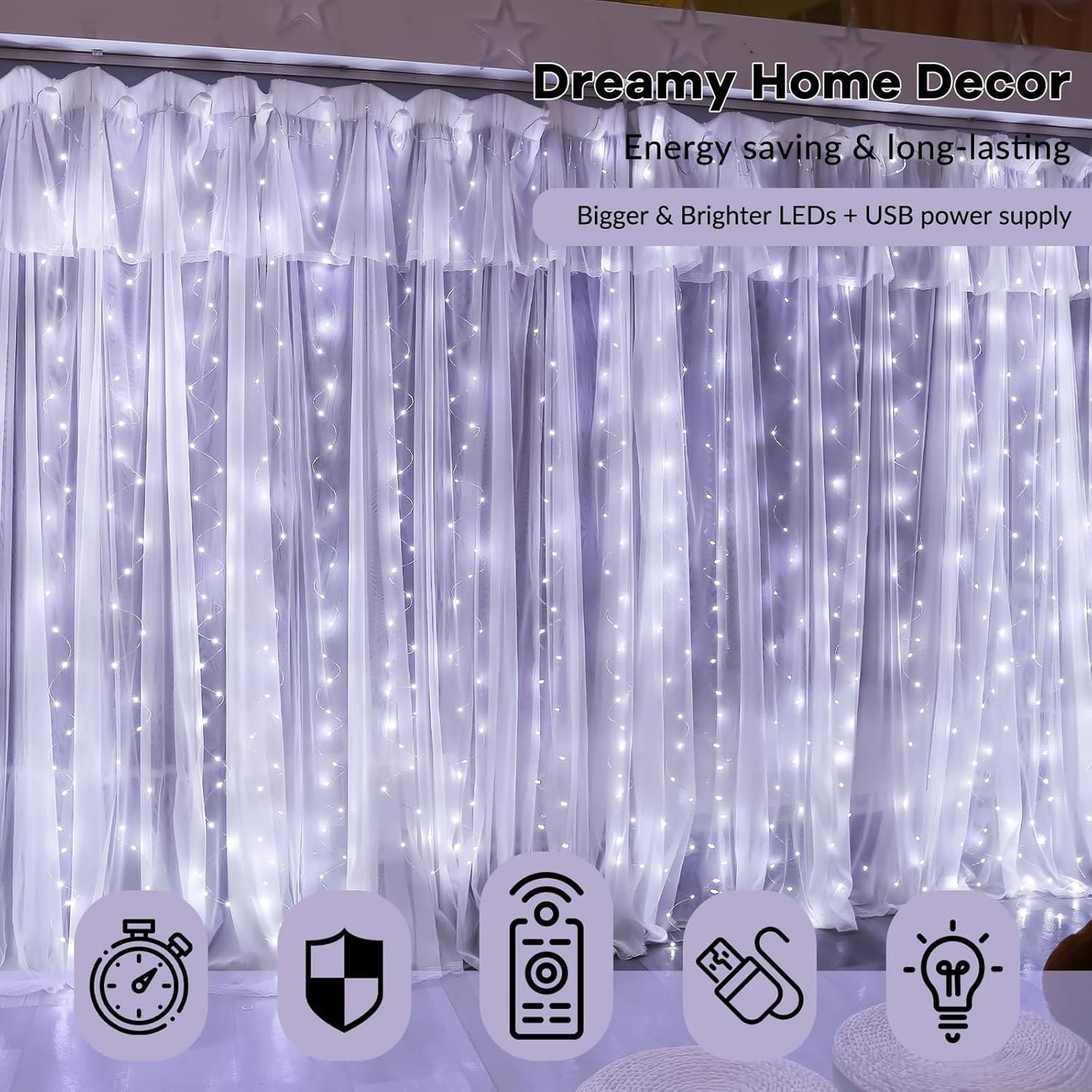 HXWEIYE 300LED Fairy Curtain Light (Upgrade Two Kinds of Light Clips) with Remote 8 Modes Times，9.8x9.8Ft White USB Plug-in Christmas Hanging String Light for Bedroom, Parties, Walls, Windows