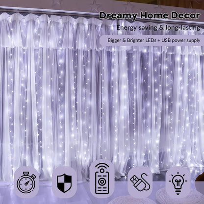 HXWEIYE 300LED Fairy Curtain Light (Upgrade Two Kinds of Light Clips) with Remote 8 Modes Times，9.8x9.8Ft White USB Plug-in Christmas Hanging String Light for Bedroom, Parties, Walls, Windows