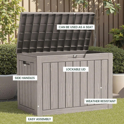 45 Outdoor Storage Box, Waterproof Resin Deck Box with Side Handles, Lockable Outdoor Bench for Indoor & Outdoor Use, Storage Bin for Patio Cushions, Garden Tools, Package Delivery, Grey