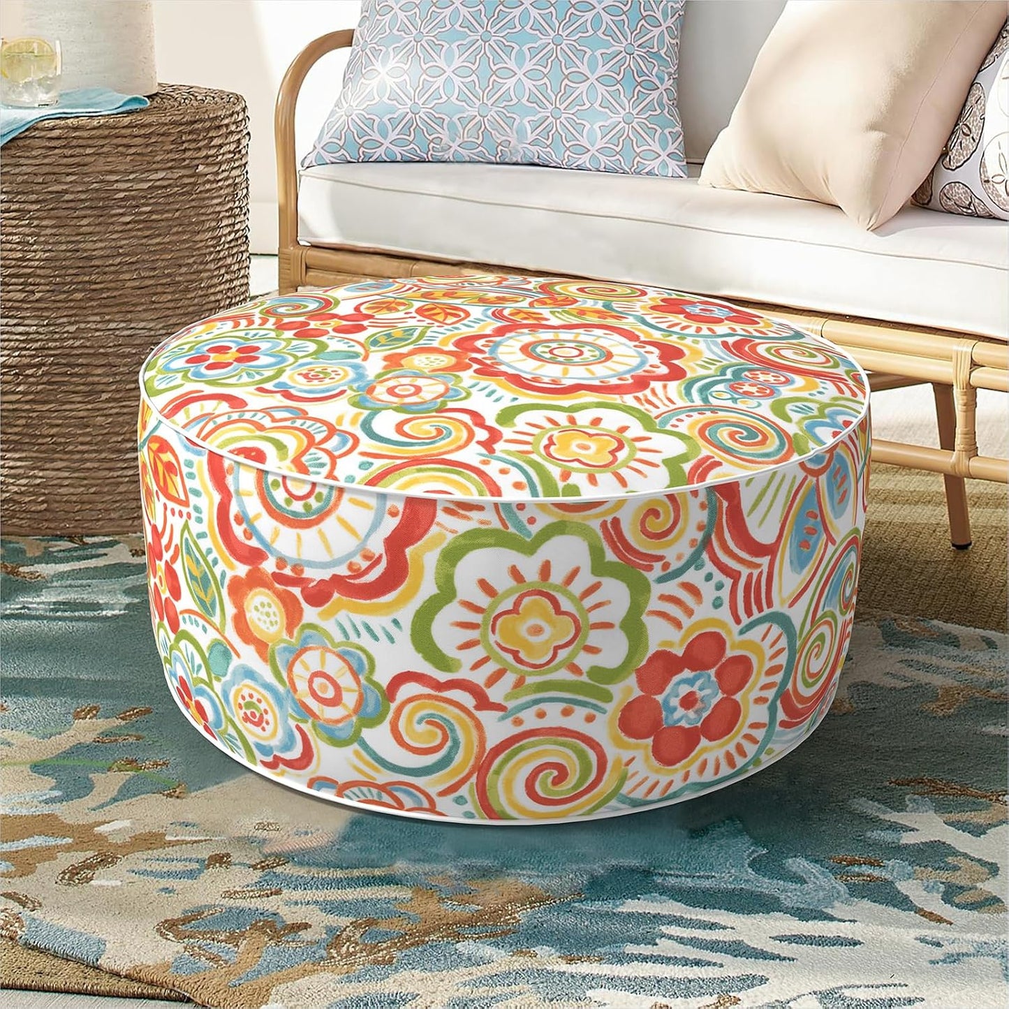 Inflatable Ottoman Stool D21 xH9 for Outdoor/Indoor Use, Water Repellent Patio Foot Rest Stool with Portable Handle,Round Pouf Ottoman Suitable for Garden,Deck and Camping - Flower Red