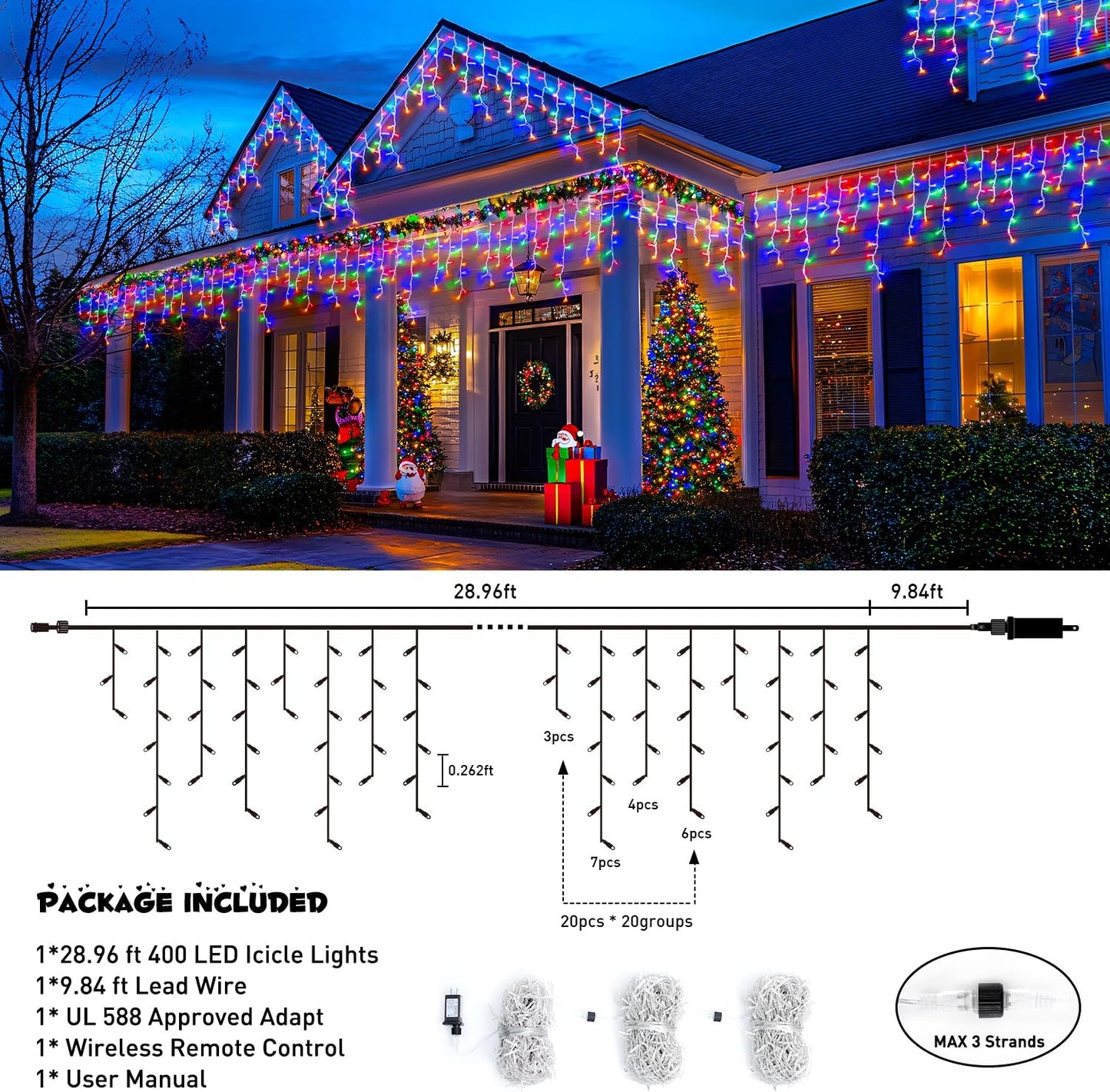 JMEXSUSS 400 LED 38.8Ft Icicle Christmas Lights With Remote - Outdoor Multicolor String Lights Plug in, 8 Mode for Outside Indoor House Yard Patio Eave Decorations