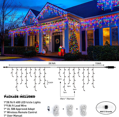 JMEXSUSS 400 LED 38.8Ft Icicle Christmas Lights With Remote - Outdoor Multicolor String Lights Plug in, 8 Mode for Outside Indoor House Yard Patio Eave Decorations