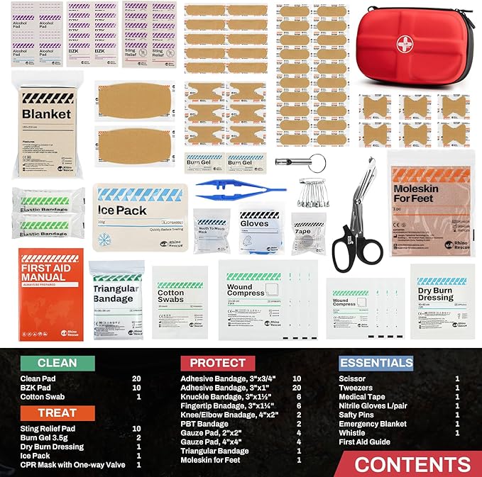 RHINO RESCUE EVA First Aid Kit, Small Waterproof Emergency Hiking First Aid Kit for Backpacking, Medical Kit for Travel, Home, Car, College Dorm Room, Camping, Boat, Back to School (Red)