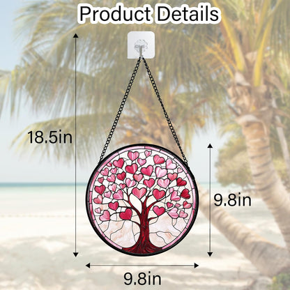 Stained Glass Window Hanging, Pink Love Heart Tree Suncatcher Hangings Beige Sun Catchers Decor for Birthday Holiday for Women, Men, Wife, Aunt, Mom 9.8IN