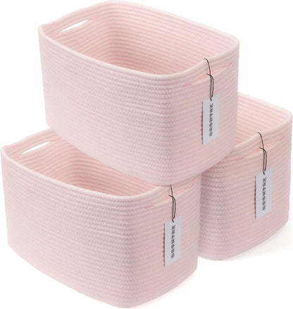 Cotton Rope storage Basket Bins Woven Basket for Organizing Shelves Rectangle Decorative Baskets For storage Clothes Toys Books Towels Square Wicker Nursery basket organizer 3 pack light pink