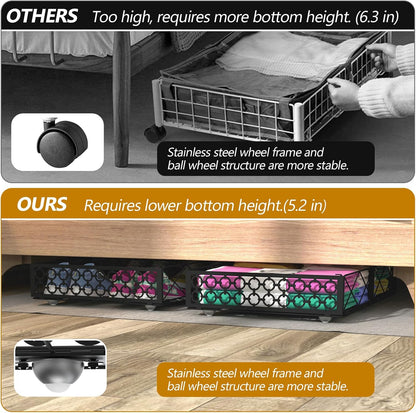 NADAMOO Large Under Bed Storage with Wheels, Low Profile Rolling Under Bed Storage Containers，Foldable Metal Under the Bed Organizer Bins for Bedroom，1 Pack