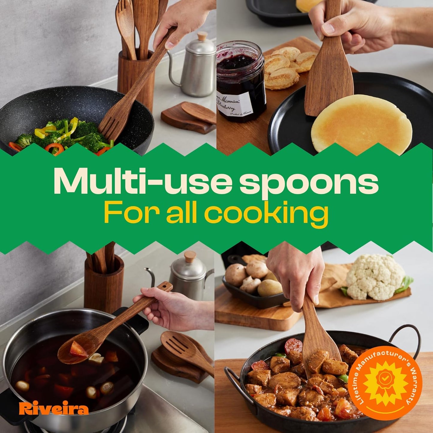 Riveira Teak Wooden Spoons for Cooking Set of 9 – Natural Teak Wooden Cooking Utensils, Wooden Spatula, Wooden Spoon - Premium Quality Wooden Utensil Set for Non-Toxic Cooking