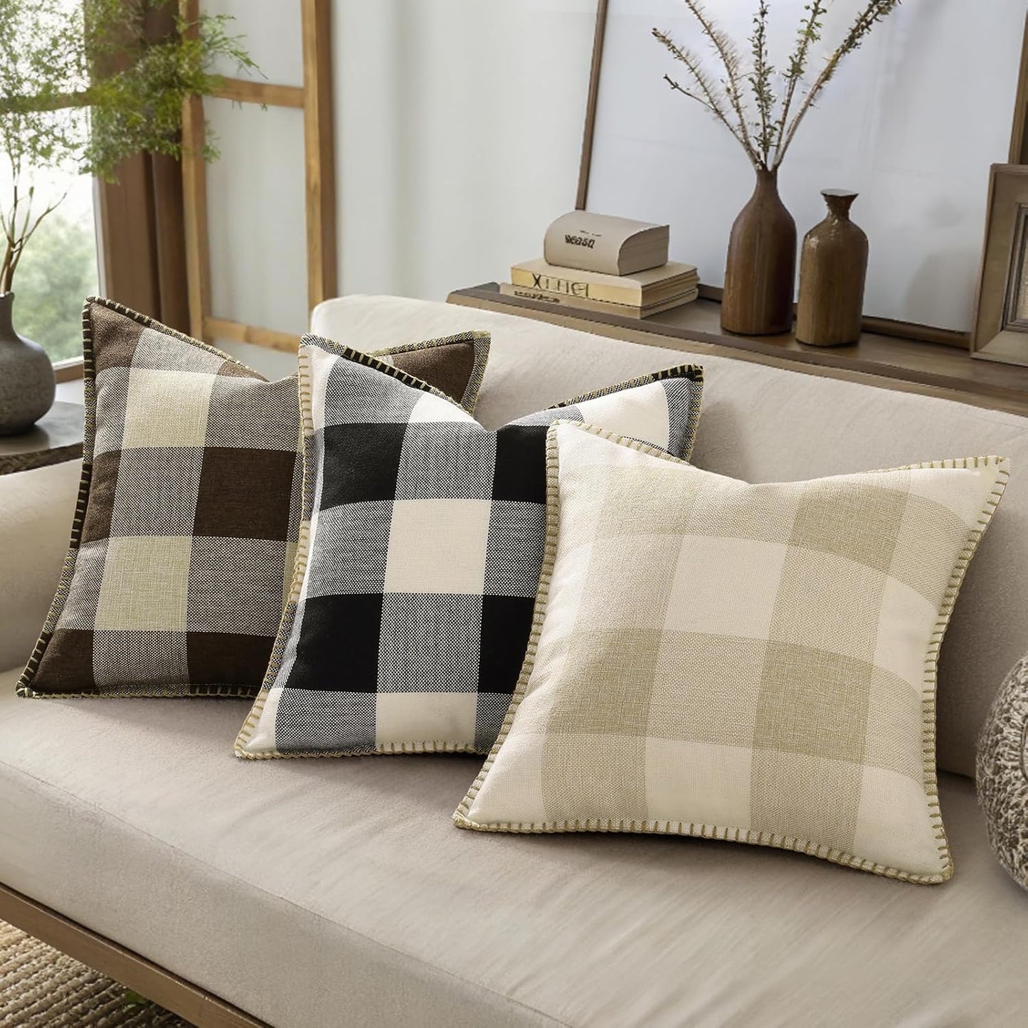 decorUhome Buffalo Plaid Check Throw Pillow Covers 18x18 Set of 2, Outdoor Decorative Farmhouse Neutral Pillow Covers with Stitched Edge for Bed Couch Sofa, Black and White