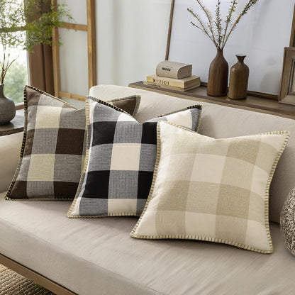 decorUhome Buffalo Plaid Check Throw Pillow Covers 22x22 Set of 2, Outdoor Decorative Farmhouse Neutral Pillow Covers with Stitched Edge for Bed Couch Sofa, Black and White