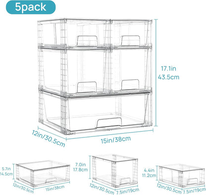 Vtopmart Clear Stackable Storage Drawers Set of 5, Easily Assemble Acrylic Bathroom Undersink Organizers,Plastic Storage Bins for Closet,Cabinet,Pantry,Medicine Organization
