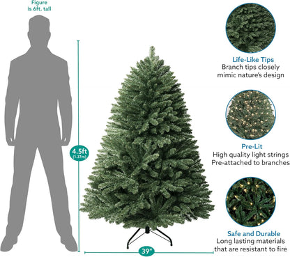 Prague 4.5ft Prelit Artificial Christmas Tree with Foot Pedal, 674 Branch Tips, 250 Warm Lights and Metal Stand, 39" Wide Realistic Spruce Prelit Christmas Tree with Lights by Naomi Home