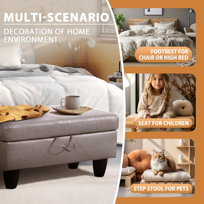 Ottoman Rectangular Storage Ottoman Bench, Faux Leather Footrest, Coffee Table, Stool Footstool with Hinged Lid for Living Room, Bedroom, Entryway, Champagne, 28.5"x19"x17.5"