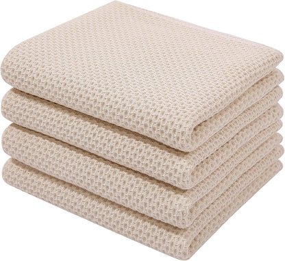 Homaxy 100% Cotton Waffle Weave Kitchen Dish Towels, Ultra Soft Absorbent Quick Drying Cleaning Towel, 13 x 28 Inches, 4-Pack, Beige
