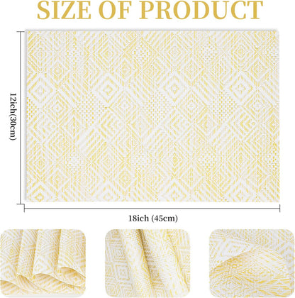 Vinyl Plastic Placemats Set of 6 Washable Heat Resistant Non-Slip Elegant Indoor Outdoor Kitchen Dining PVC Woven Table Place Mats (Yellow Squares)